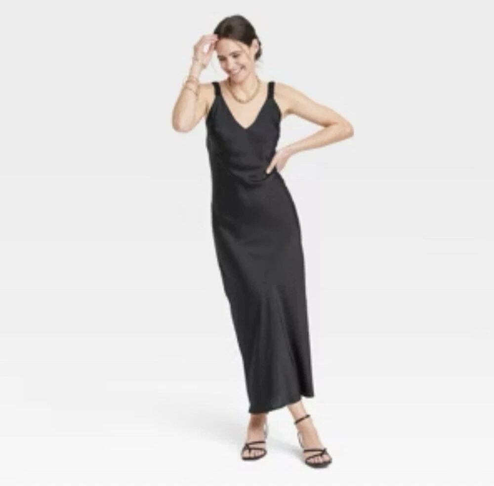A New Day Satin Slip Dress Women’s XL Black Midi Adjustable Strap Whimsy goth